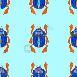 孤立在蓝色背景上的圣甲虫 与 Bug 昆虫甲虫的无缝模式 包装纸设计封面贺卡墙纸面料绘画卡通片动物群艺术漏洞风格织物野生动物文化背景图片