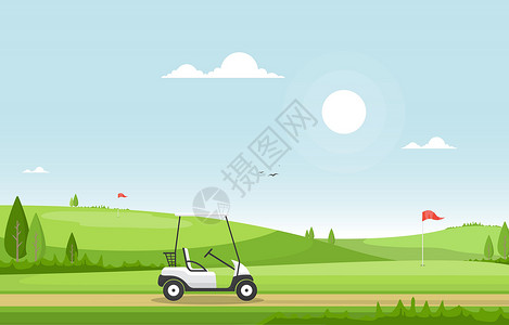 高尔夫球旗高尔夫球场旗车草树户外运动景观场景丘陵卡通片高尔夫球城市游戏插图植物闲暇草地插画