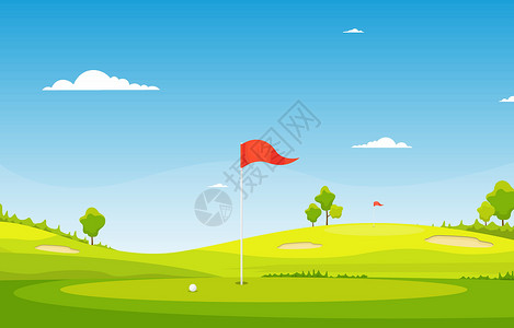 高尔夫球洞高尔夫球场旗绿草树户外运动景观假期活动课程闲暇插图游戏爬坡场景高尔夫球蓝色插画