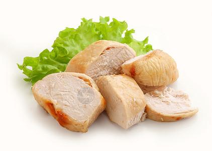 用生菜烤鸡胸食品盘子家禽饮食胸部婴儿食物绿色午餐白色背景图片