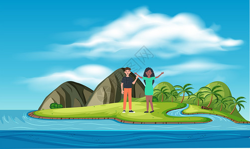爱妮岛情侣在岛上享受野餐公园天空假期瓶子旅行比基尼饮料棕榈女士夫妻插画