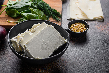 山羊乳酪黑碗边观的传统乳酪奶酪 在原料前的黑碗侧面背景