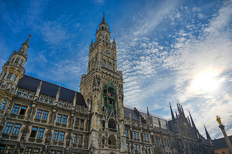 慕尼黑玛利亚广场德国慕尼黑新市政厅教会大厅天空建筑城市市政历史性历史旅游旅行背景