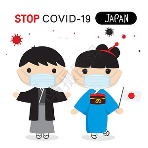 日本面具日本人穿着民族服饰和面具来保护和阻止 Covid-19 用于信息图表的冠状病毒卡通载体插画