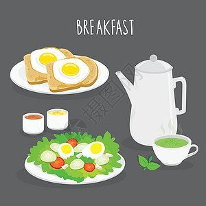 面包沙拉一套早餐面包煎蛋沙拉和绿茶 它制作图案卡通矢量插画