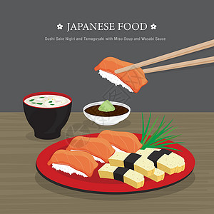 握寿司一套传统日本食品寿司清酒 Nigiri 和配味噌汤和芥末酱 它制作图案卡通矢量插画