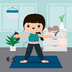 卡通瑜伽锻炼在家庭健身房卡通 Vecto 做运动和瑜伽训练的妇女身体监视器图表内阁女士肌肉信息女孩职场有氧运动设计图片
