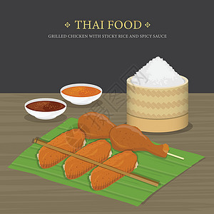生炒鸡一套传统的泰国食品烤鸡配糯米和香蕉叶上的辣酱 它制作图案卡通矢量插画