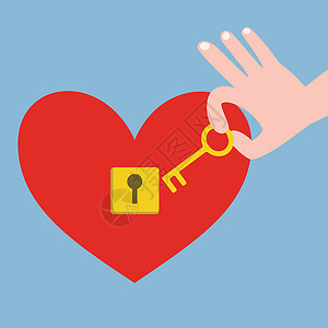黄铜钥匙手握着钥匙和红心与锁孔秘密热情插图挂锁安全金子手指单相思蓝色插画