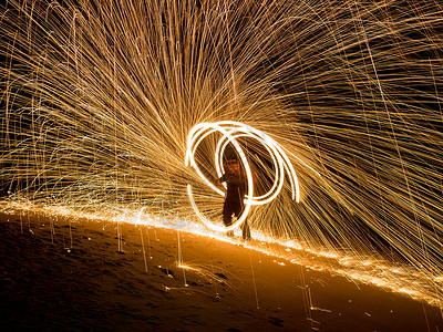 晚上在海滩上炫耀惊人的男孩火光秀活力娱乐戏法危险演员火焰旋转美丽生活文化背景图片