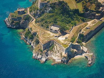 清炖鸡孚希腊科孚古拜占庭堡垒天线历史码头地标场景避难所游客崇拜海洋天空背景