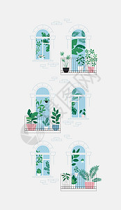 橡胶厂阳台上的花房 满屋子都是植物 从门外看 城市丛林概念 公寓房子外墙园艺花朵棕榈绿色植物插图寒意街道叶子橡胶蕨类插画