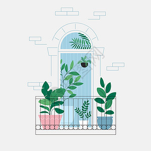 这是谁家阳台阳台上的花房 满屋子都是植物 从门外看 城市丛林的概念插画