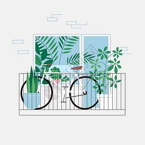 这是谁家阳台阳台上的自行车和家用植物 满屋子都是植物 透过窗户看 城市丛林概念插画