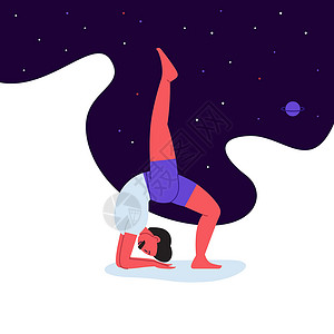 做瑜伽人以星空为背景进行瑜伽的人的平面和直线插图紫色男生瑜珈平衡姿势运动体式运动装冥想男人设计图片