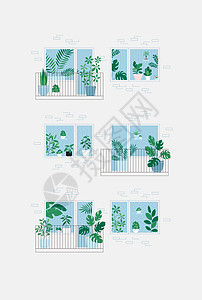 这是谁家阳台阳台上的花房 满屋子都是植物 从门外看 城市丛林概念 公寓房子外墙园艺咖啡树树叶街道橡胶棕榈芦荟花朵叶子绿色植物插画