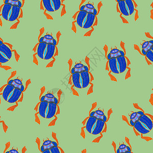 孤立在绿色背景上的蓝色圣甲虫 与 Bug 昆虫甲虫的无缝模式 包装纸设计封面贺卡墙纸面料背景图片