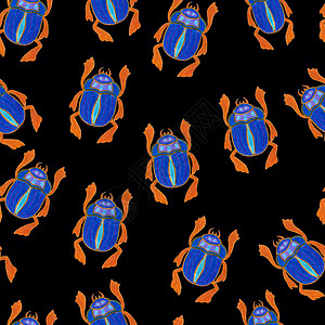 孤立在黑色背景上的蓝色圣甲虫 深色无缝图案与 Bug 昆虫甲虫 包装纸设计封面贺卡墙纸面料背景图片