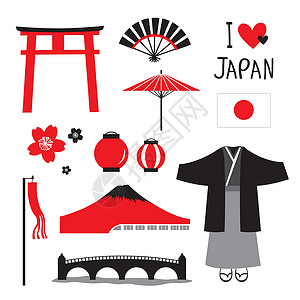 日本传统地方旅游亚洲吉祥物卡通元素矢量牌坊竹子旗帜和服文化艺妓戏服寿司宝塔裙子背景图片