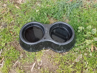 绿草上的黑塑料狗水碗院子草地绿色反射宠物反光背景图片