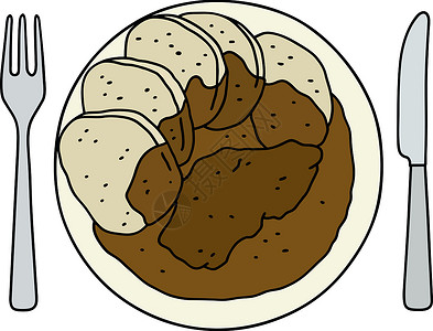 炖牛肉红烧饺子用餐盘子服务餐厅水饺棕色房间刀具卡通片插画