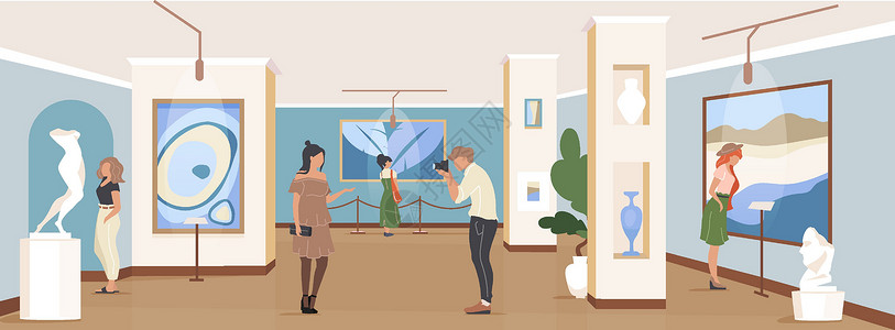 短途旅行美术馆展览展台游客 平板彩色矢量插图插画
