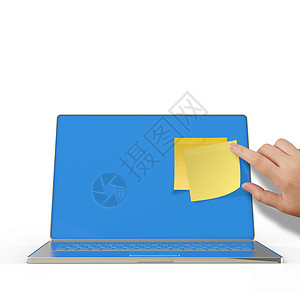 3D台膝上型电脑上的黄贴纸标签办公室笔记本便利贴工作广告黄色商业宣言公告背景图片