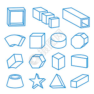 一组 3D 几何线形状固体元素矢量图圆柱形学校棱镜多边形三角形六边形数学八角形玩具长方形背景图片