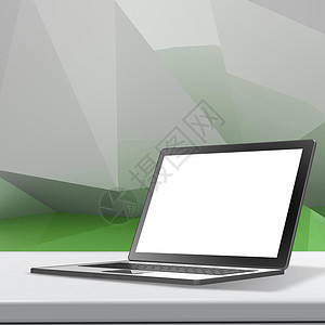 层压表和低聚几何体上有空白屏幕的笔记本电脑折纸桌面办公室互联网塑料架子飞机监视器多边形桌子背景图片