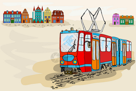 老军事镇与电车的老城市横幅插画