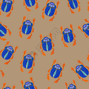 米色背景上孤立的蓝色圣甲虫 与 Bug 昆虫甲虫的无缝模式 包装纸设计封面贺卡墙纸面料绘画野生动物动物纺织品动物群艺术卡通片装饰背景图片