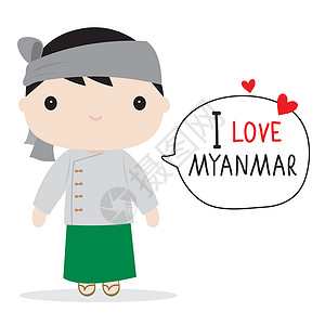缅甸女孩缅甸人民在民族服饰和传统服装卡通 Vecto衬衫男生腰布孩子们织物卡通片女士帽子男性裙子插画