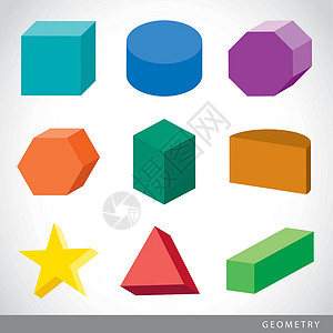 五角一组 3D 几何形状固体元素矢量图数学圆圈多边形长方形学习教育三角形学校锥体数字设计图片