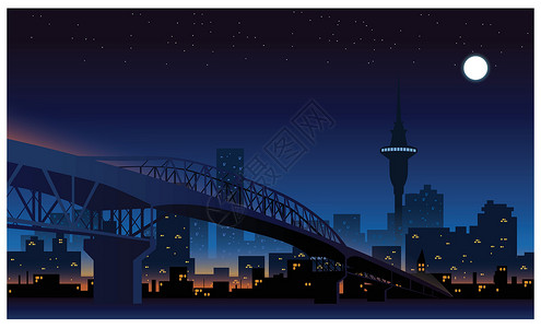 中山桥远景夜晚前奥克兰市天线背景远景城市景观天际全景插画