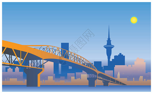 中山桥远景夜晚前奥克兰市天线景观远景城市天际全景背景插画