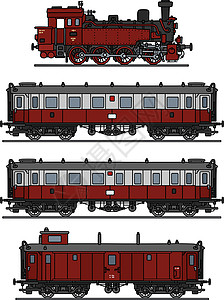 Retro蒸汽列车机车乘客红色运输车辆车皮机器铁路卡通片背景图片