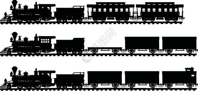 火车剪影老式美国蒸汽火车机车铁路车辆剪影引擎卡通片黑色荒野车皮插画