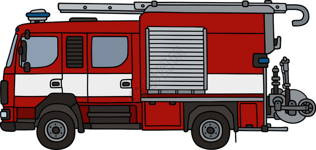 红色消防车白色发动机梯子消防队员救援车站汽车卡通片警卫城市背景图片