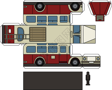 旧卜的纸模型老将公共汽车运输卡通片乘客奶油玩具红色汽车白色插画