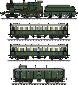 黑色和浅褐色鸭复古绿色蒸汽火车车皮黑色教练卡通片铁路灰色乘客褐色运输引擎插画
