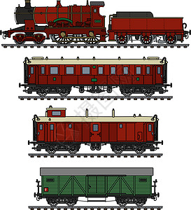 复古红色蒸汽火车乘客汽车机器货物教练绿色货运铁路邮政车皮插画
