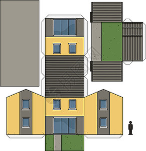 房子纸模型房子的纸模型奶油绿色窗户褐色胶水建筑学黄色灰色建筑家庭插画