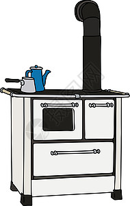 厨房烟囱白色厨房炉灶床单黑色烟囱卡通片金属管道烹饪蓝色盘子壁炉插画