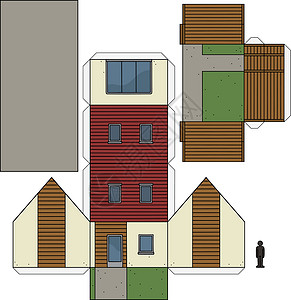 房子纸模型房子的纸模型胶水褐色家庭黄色奶油绿色红色窗户建筑学卡通片插画