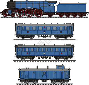 老式的蓝色蒸汽火车乘客车皮铁路机车车辆邮政卡通片运输黑色插画