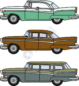 美国豪华汽车三辆老大美国车汽车卡通片绿色野营旅行旅游棕色运输灰色合金插画