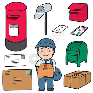 素描信封素材组的邮递员和 postbo涂鸦男性服务邮差男人邮政夹子插图草图送货插画