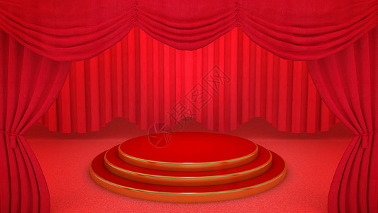 红色3D舞台红色剧院窗帘背景上的红色和金色舞台 3D 渲染奖项戏剧性音乐会艺术展示仪式织物戏剧电影聚光灯背景
