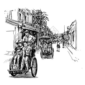 会安古城越南的三轮车图旅行遗产旅游运输世界街道游客城市历史市场插画