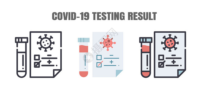 Covid-19 患者的检测结果为阴性或阳性 冠状病毒病 2019 感染治疗 线图标集 可编辑笔划插画